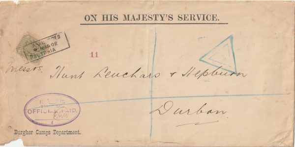 1902  SOUTH AFRICA …OHMS REGISTERED CENSORED BURGHER CAMP..