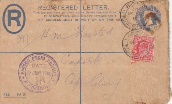 1902  SOUTH AFRICA - GB..BOER WAR REGISTERED MAIL…TRANSVAAL…A.P.O.KLERKSDORP..