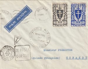 1943   CAMEROUN - FRENCH GUINEA ..WW2 CENSORED AIRMAIL & TAXED ..