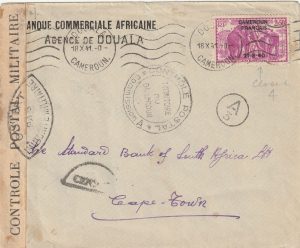 1941   CAMEROUN -SOUTH AFRICA via NIGERIA ..WW2 TRIPLE CENSORED AIRMAIL & TAXED ..