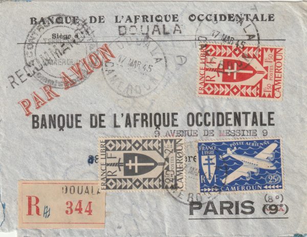 1945   CAMEROUN - FRANCE...WW2 REGISTERED CENSORED AIRMAIL..BANK MAIL ..