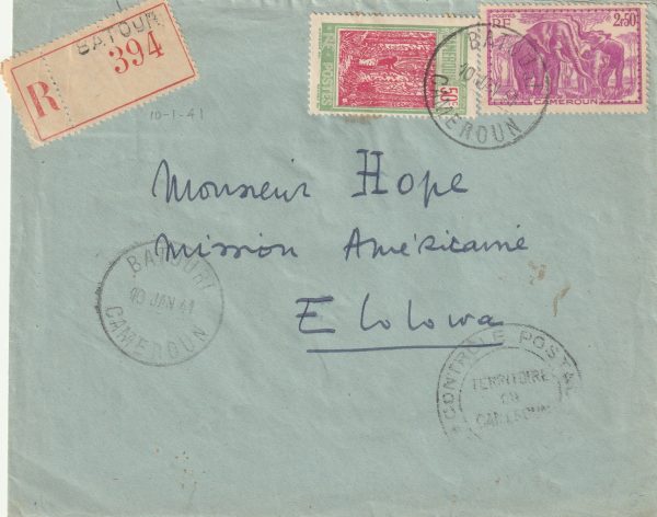 1941  CAMEROUN - AMERICAN MISSION at EBOLWAR REGISTERED from BATOURI..