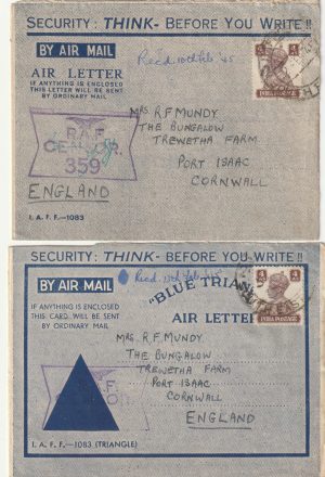 1945  INDIA - GB..PAIR AIR LETTER'S with RAF CENSOR..