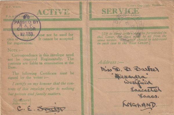 1940  FRANCE - GB..RAF CENSOR (Type RAF R1) on HONOUR ENVELOPE..