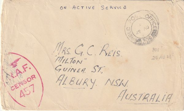 1941  ICELAND - AUSTRALIA...BRITISH RAF CENSOR R5/457..