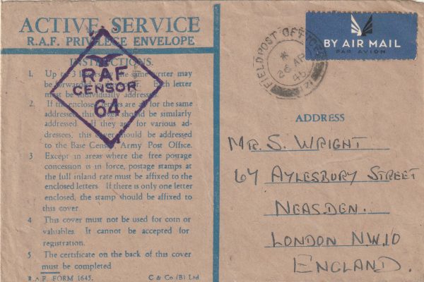 1945  IRAQ - GB..RAF PRIVILEGE ENVELOPE BY AIR with RAF CENSOR (Type RAF R12)..