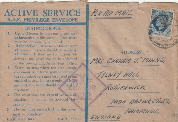 1944-45  EGYPT - GB..RAF PRIVILEGE ENVELOPE BY AIR with RAF CENSOR (Type RAF R12)..