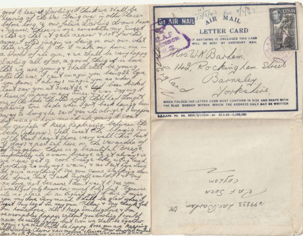 1943  CEYLON - GB..AIR MAIL LETTER CARD with RAF CENSOR R18 /W 2..