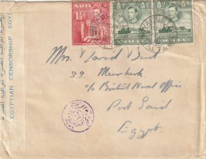 1939 MALTA -EGYPT..WW2  HMS DUNCAN to S.S. MEERKERK with LETTER..