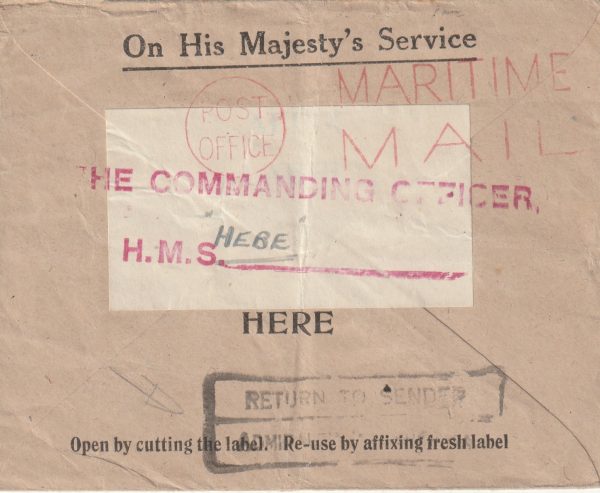 1943|1944  MALTA…OHMS to HMS "HEBE" & RETURNED TO SENDER..