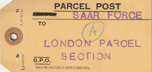 1934|1935  GREAT BRITAIN..BRITISH PARCEL BAGGAGE LABEL from GERMANY|SAAR PLEBISCITE …