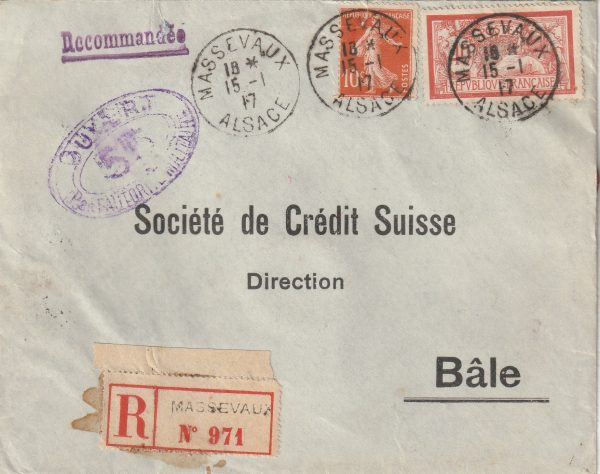 1917  FRANCE-SWITZERLAND..WW1 FRENCH OCCUPATION ALSACE-LORRAINE REGISTERED