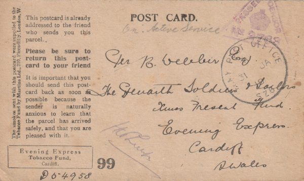 1918  EGYPT - GB..BRITISH FORCES THANKYOU PARCEL CARD ..