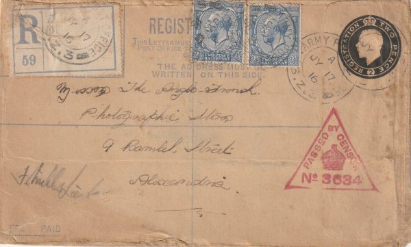 1916  EGYPT - L OCAL MAIL using GB GV 2d BLACK REGISTERED ENVELOPE.. WW1 FORCES..