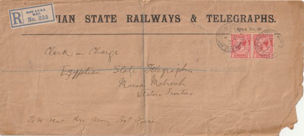 1916  EGYPT (WESTERN FRONTIER FORCE ) EGYPTIAN STATE RAILWAYS & TELEGRAPHS..REGISTERED INTERNAL USE..