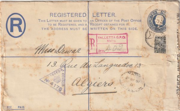 1918 MALTA - ALGERIA..WW1 REGISTERED MAIL..