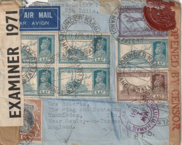 1941 INDIA - GB..REGISTERED DOUBLE CENSORED TWO OCEAN AIRMAIL...