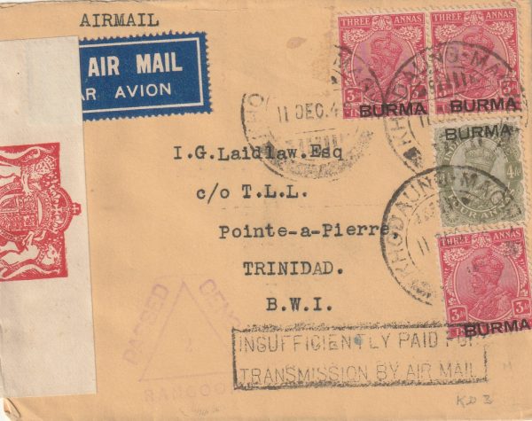 1940  BURMA - TRINIDAD..WW2 CENSORED AIR MAIL.. INSUFFICIENTLY PAID FOR..