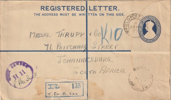 1945  INDIA - SOUTH AFRICA…REGISTERED with BRITISH FPO 260...