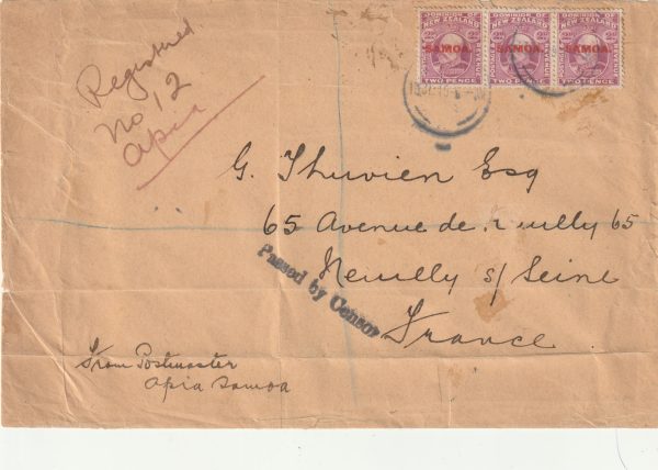 1915   SAMOA - FRANCE..WW1 REGISTERED CENSORED..