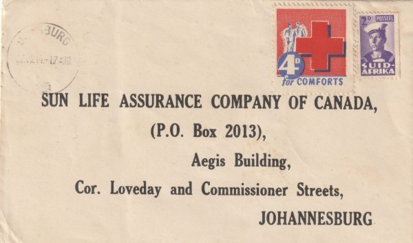 1944  SOUTH AFRICA ..WW2 LOCAL  USE of PATRIOTIC "RED CROSS 4d FOR COMFORTS LABEL…