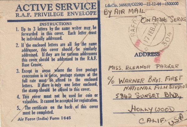 1947  BURMA - USA...RAF PRIVILEDGE ENVELOPE to FILM STAR…