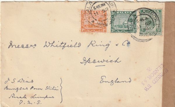 1941  MALAYA - GB... SELANGOR & NEGRI SEMBILAN in COMBINATION ON CENSORED COVER..