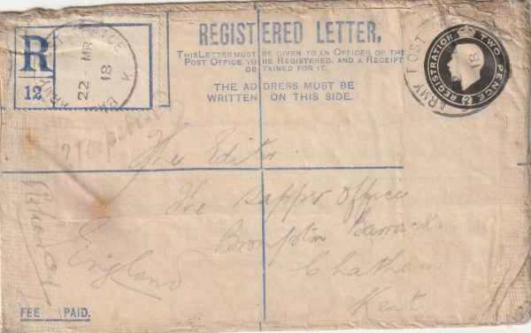 1918 EGYPT - GB..REGISTERED LETTER SALVAGED from SS KINGSTONIAN..