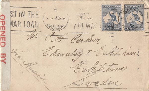 1918 AUSTRALIA - SWEDEN..CENSORED from MELBOURNE via USA..
