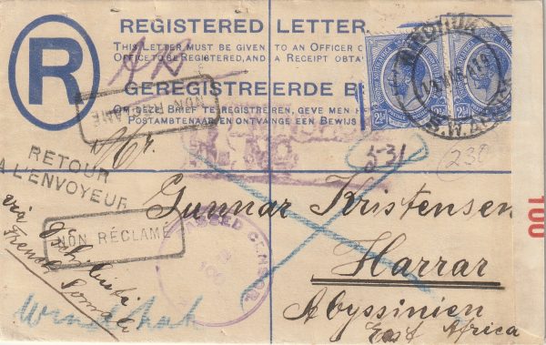 1919  SOUTH WEST AFRICA - ABYSSINIA (ETHIOPIA)…REGISTERED