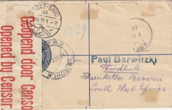 1919  SOUTH WEST AFRICA - ABYSSINIA (ETHIOPIA)…REGISTERED, CENSORED & RETURNED.. [22566] - Image 2