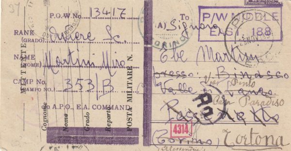 1943 EAST AFRICA (KENYA) - ITALY...WW2 DECAPITATED CAPURED ITALIAN STATIONARY USED FOR POW MAIL..