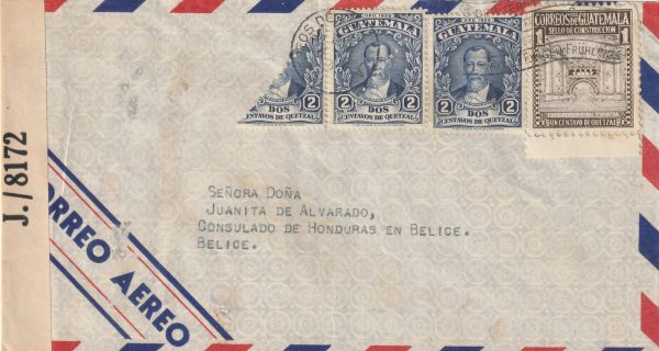 1943  GUATEMALA - BRITISH HONDURAS..CENSORED AIRMAIL CONSULAR with BISECT..