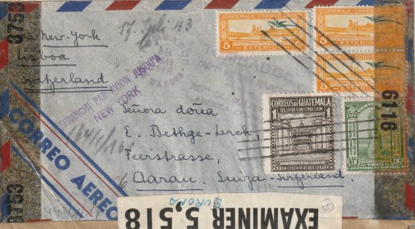 1943  GUATEMALA - SWITZERLAND..JUSQU'A & CENSORED SEATTLE