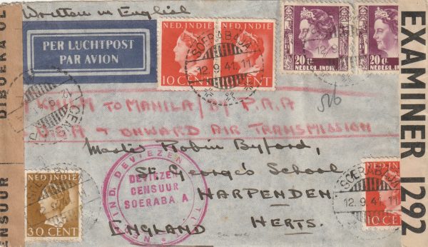 1941  NED. EAST INDIES -  GB..2 OCEAN AIRMAIL with SPITFIRE FUND LABEL..