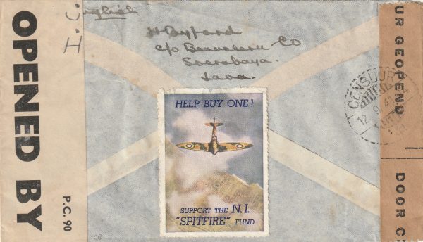 1941  NED. EAST INDIES -  GB..2 OCEAN AIRMAIL with SPITFIRE FUND LABEL.. [22636] - Image 2