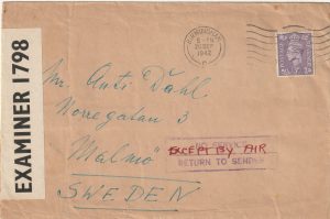 1942  GB - SWEDEN..WW2 RETURNEDTO SENDER..