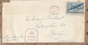 1942  USA - SWEDEN..AIRMAIL with UK CLOSE CENSORSHIP ATTENTION..