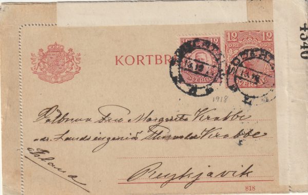 1918  SWEDEN - ICELAND..WW1 CENSORED UPRATED STATIONARY…