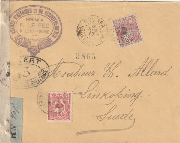 1917 NEW CALEDONIA - SWEDEN…1917 REGISTERED & CENSORED..