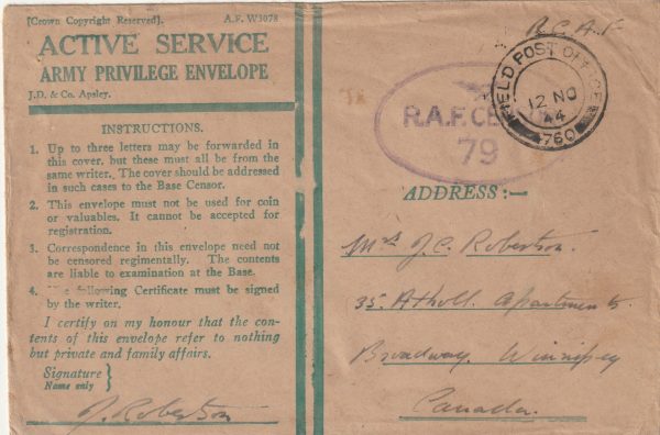 1944  NETHERLANDS - CANADA..HONOUR ENVELOPE from RCAF…