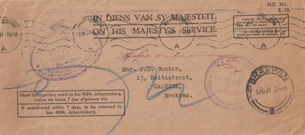 1941 SOUTH AFRICA TRANSVAAL)..OHMS PENALTY ENVELOPE & CONTENTS..