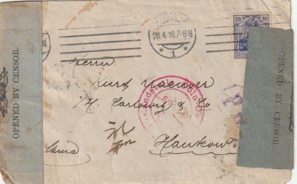 1916 GERMANY - CHINA...WW1 VIA HONG KONG & DOUBLE CENSORED..