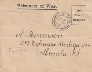 1916 HONG KONG - PHILIPPINE Is..WW1 POW MAIL..