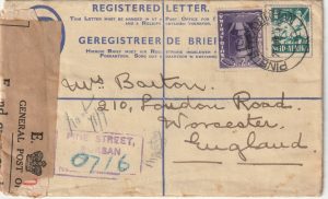 1942  SOUTH AFRICA - GB..4d REGISTERED ENV. FOUND OPEN or DAMAGED..