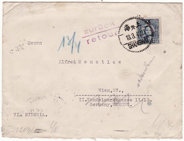 CHINA-GERMANY [WW2 CENSORED INTERNED IN POLAND & RETURNED TO SENDER]