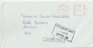 1985  1984(Oct 3)Printed longer NATO HQ envelope to School of Service Intelligence