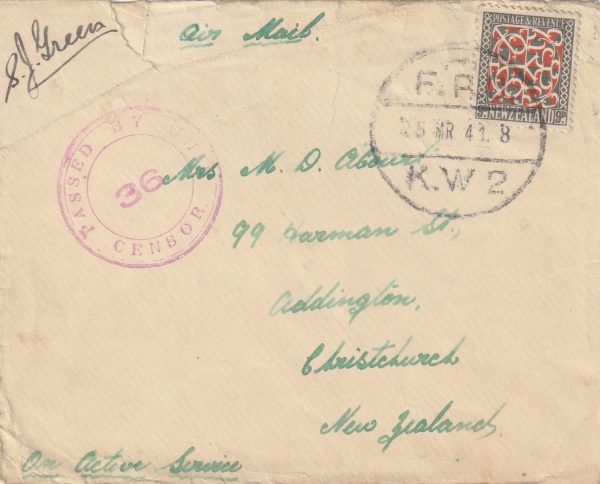 1941  GREECE - NEW ZEALAND..N.Z. FORCES F.P.O. KW 2..