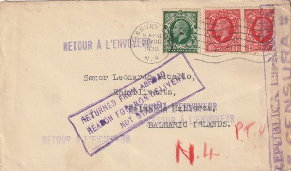 1936  GB - SPAIN..SPANISH CIVIL WAR..RETURN TO SENDER..