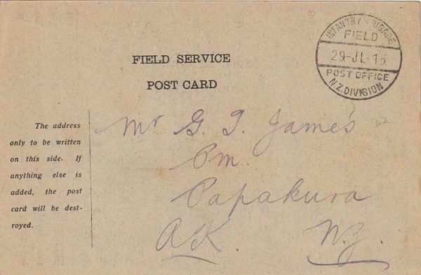 1915  TURKEY (GALLIPOLI) - FPO DZ..NEW ZEALAND DIV. HQ…..F.S.Card..